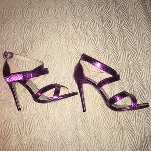 Purple metallic open toe heels
